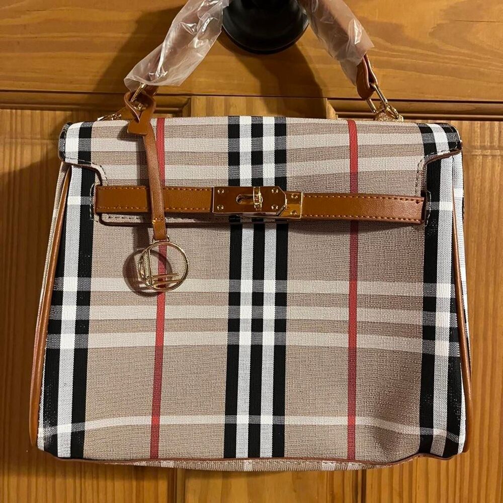 Loulu Plaid Women's Handbag with Brown Faux Leather Trim and Gold Hardware